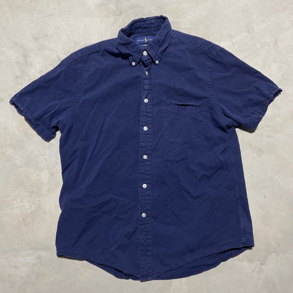 Ralph Lauren Seersucker Short Sleeve Shirt Men's SZ M Button Down Pony Navy Blue